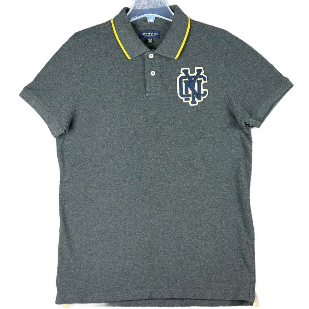 Aeropostale Men's XL Grey Polo Shirt NYC Embroidered Varsity Patch Rugby Casual